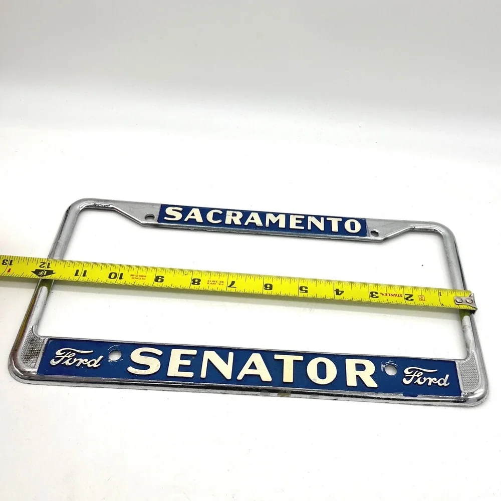 Vintage Sacramento Senator Ford License Plate Frame Chrome Blue White Metal